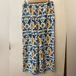Christian Siriano Linen Wide Leg Crop Pants Womens M Blue Orange Bohemian Print